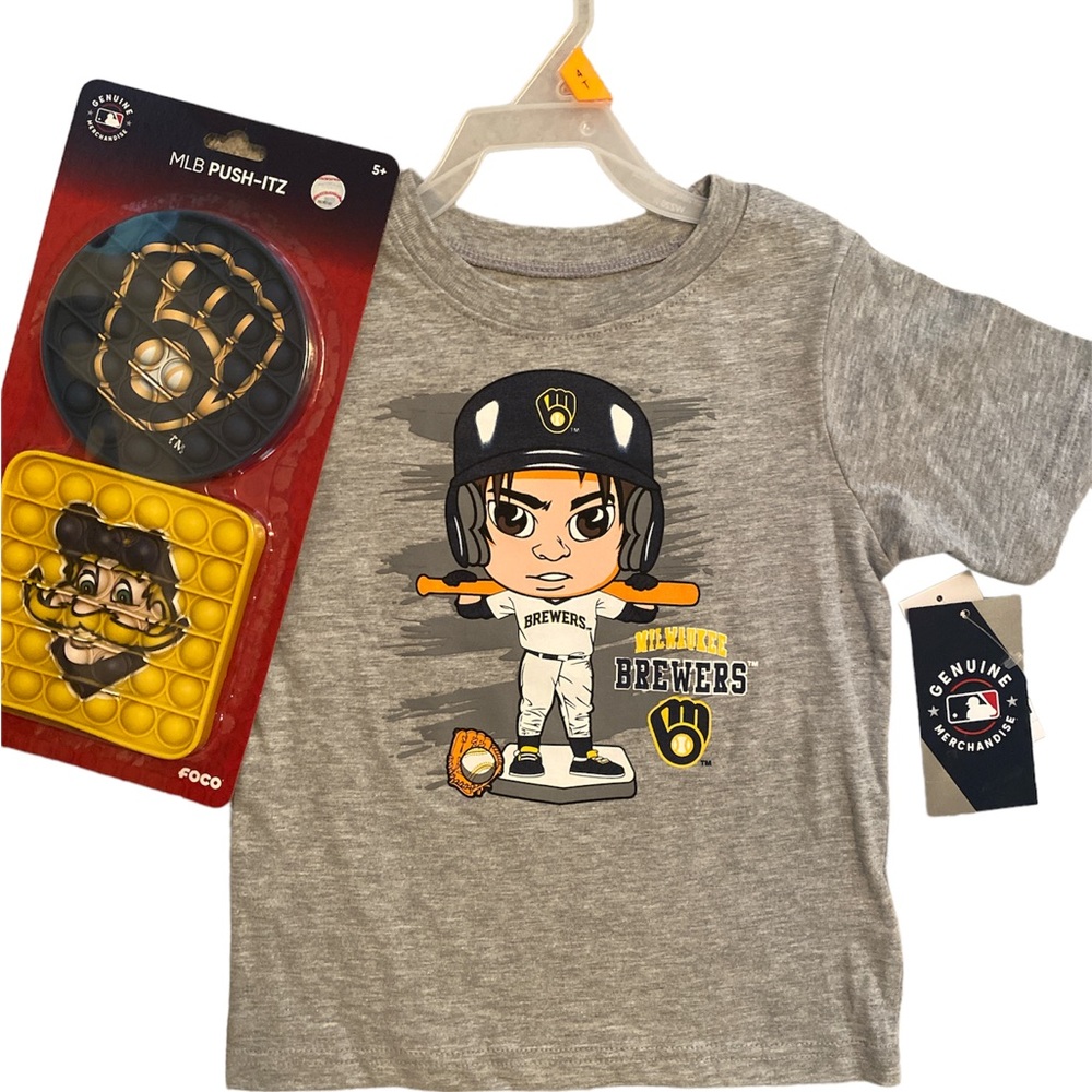 Toddler Brewers T-shirt with matching pop it’s to keep your little one busy.